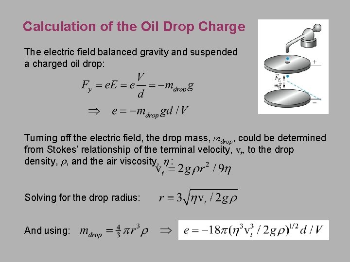 Calculation of the Oil Drop Charge The electric field balanced gravity and suspended a