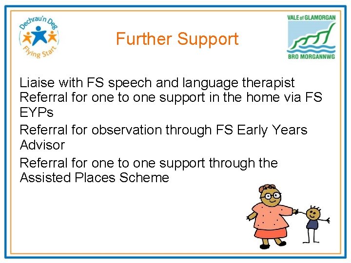 Further Support Liaise with FS speech and language therapist Referral for one to one