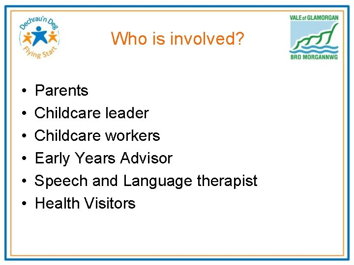 Who is involved? • • • Parents Childcare leader Childcare workers Early Years Advisor