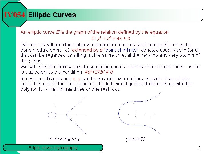 IV 054 Elliptic Curves An elliptic curve E is the graph of the relation