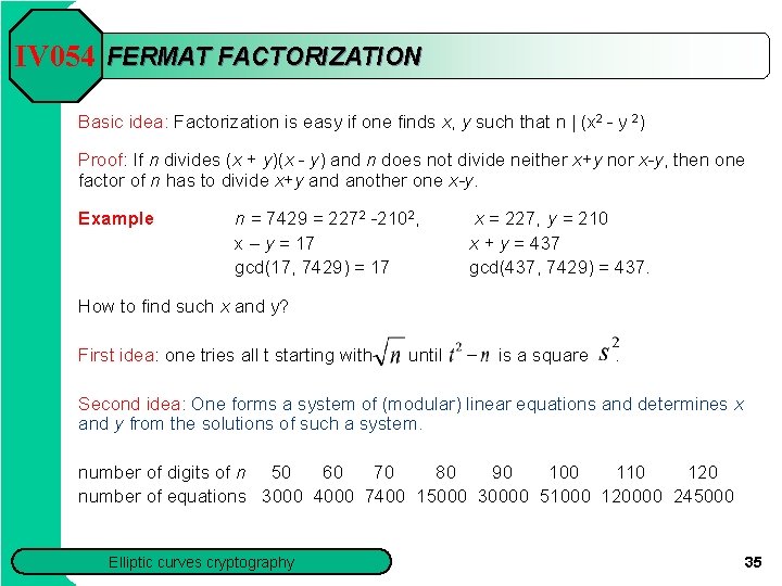 IV 054 FERMAT FACTORIZATION Basic idea: Factorization is easy if one finds x, y