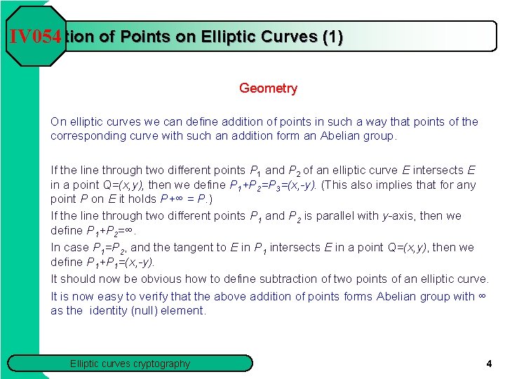 Addition of Points on Elliptic Curves (1) IV 054 Geometry On elliptic curves we