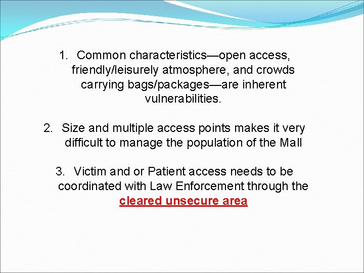1. Common characteristics—open access, friendly/leisurely atmosphere, and crowds carrying bags/packages—are inherent vulnerabilities. 2. Size