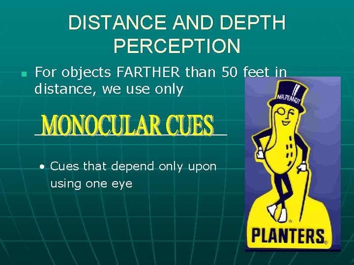 DISTANCE AND DEPTH PERCEPTION n For objects FARTHER than 50 feet in distance, we