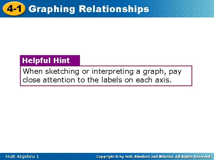 4 -1 Graphing Relationships Helpful Hint When sketching or interpreting a graph, pay close