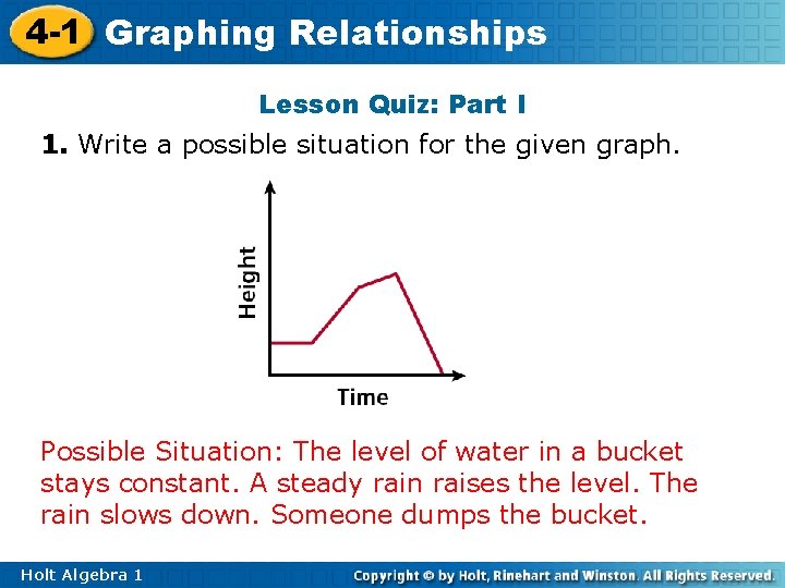 4 -1 Graphing Relationships Lesson Quiz: Part I 1. Write a possible situation for
