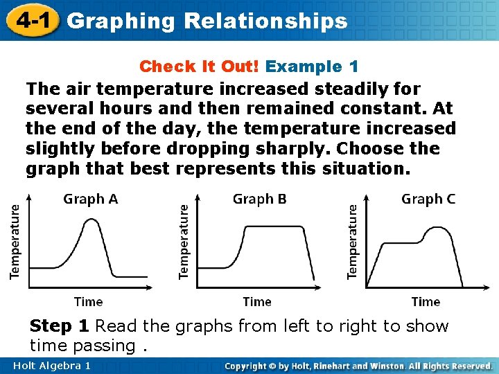 4 -1 Graphing Relationships Check It Out! Example 1 The air temperature increased steadily