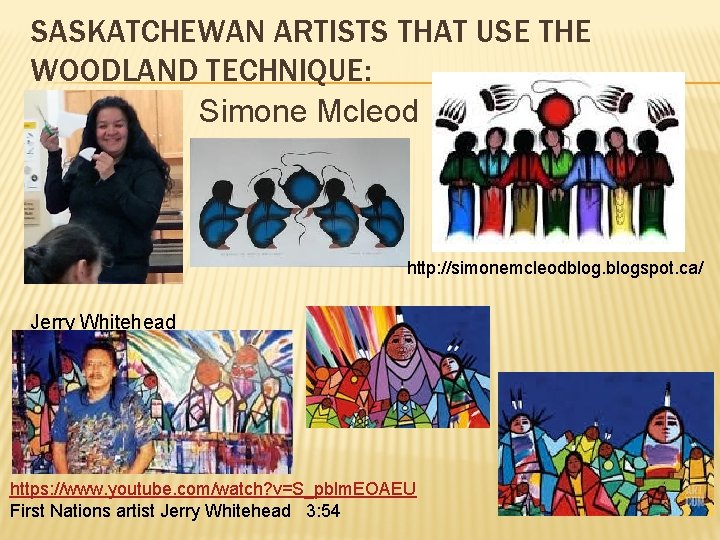 SASKATCHEWAN ARTISTS THAT USE THE WOODLAND TECHNIQUE: Simone Mcleod http: //simonemcleodblogspot. ca/ Jerry Whitehead