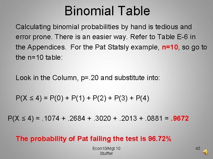 Binomial Table Calculating binomial probabilities by hand is tedious and error prone. There is
