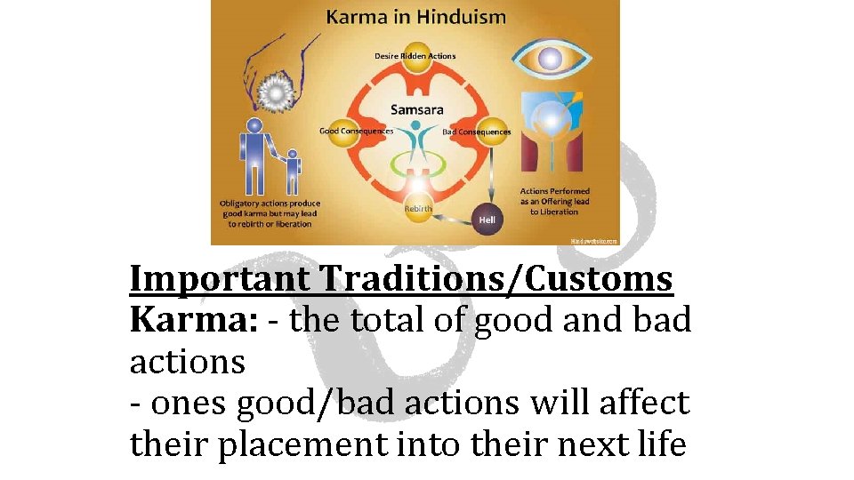 Important Traditions/Customs Karma: - the total of good and bad actions - ones good/bad