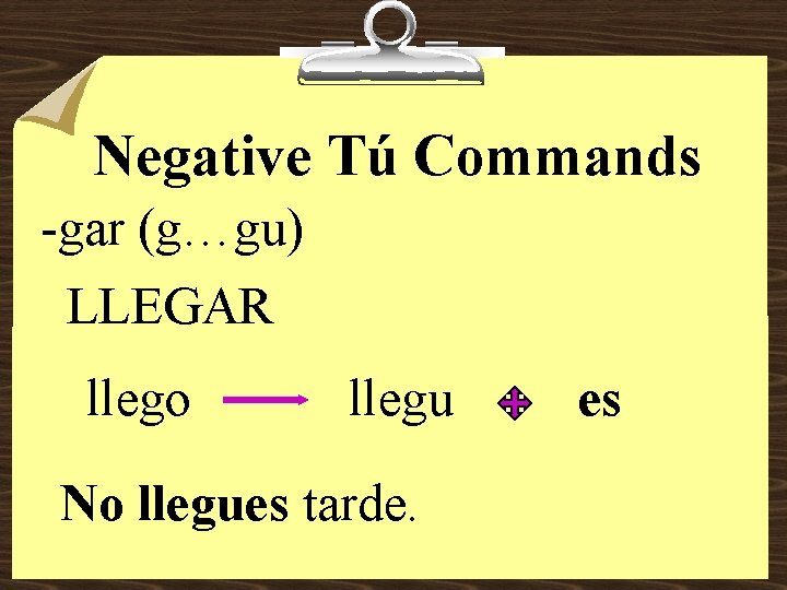 Negative Tú Commands -gar (g…gu) LLEGAR llego llegu No llegues tarde. es 