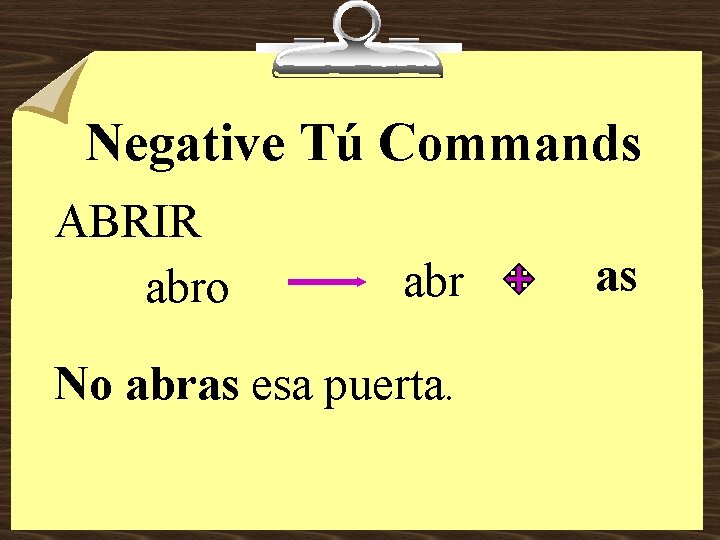 Negative Tú Commands ABRIR abro abr No abras esa puerta. as 