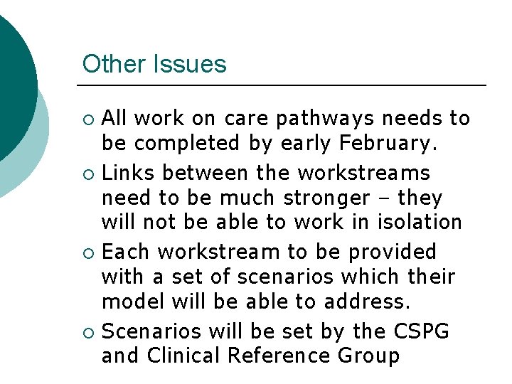 Other Issues All work on care pathways needs to be completed by early February.