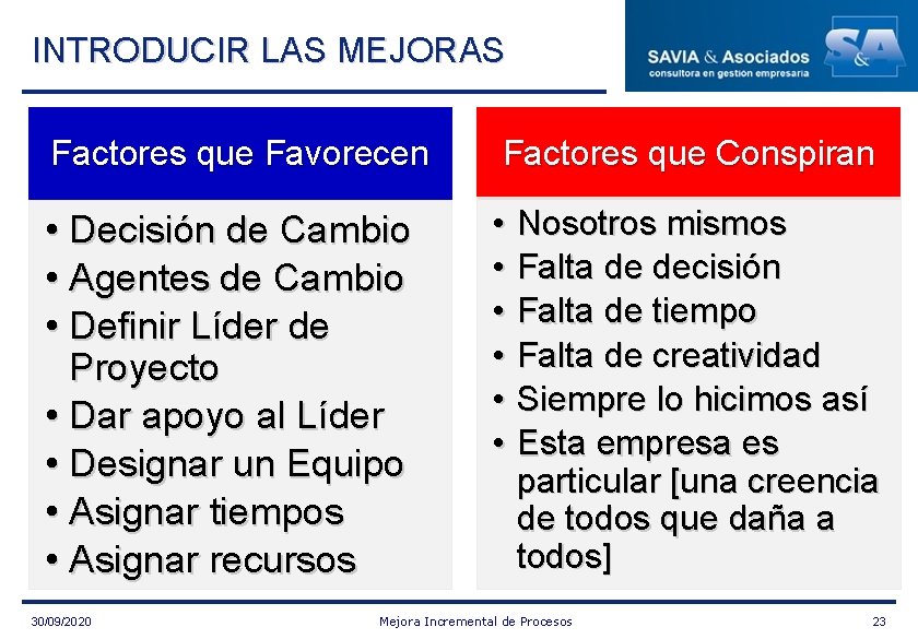 INTRODUCIR LAS MEJORAS Factores que Favorecen Factores que Conspiran • Decisión de Cambio •