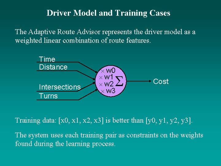 Driver Model and Training Cases The Adaptive Route Advisor represents the driver model as