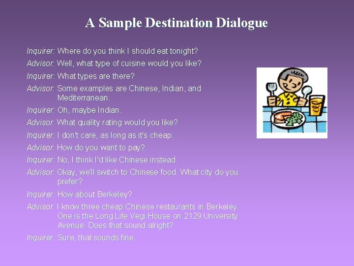 A Sample Destination Dialogue Inquirer: Where do you think I should eat tonight? Advisor: