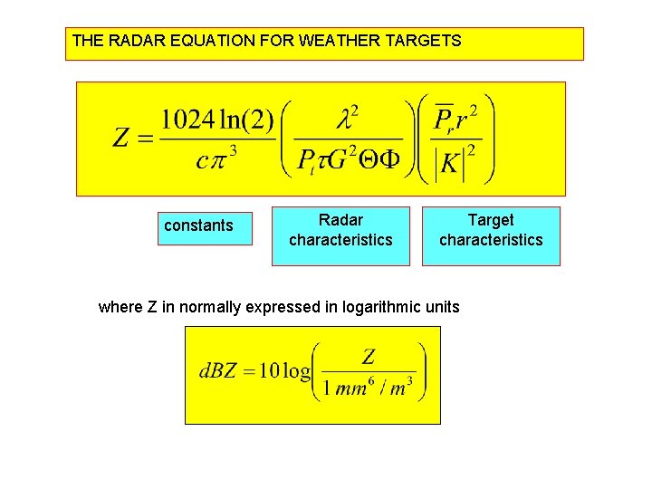 THE RADAR EQUATION FOR WEATHER TARGETS constants Radar characteristics Target characteristics where Z in THE RADAR EQUATION FOR WEATHER TARGETS constants Radar characteristics Target characteristics where Z in