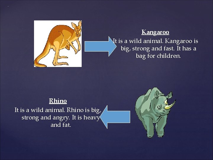. Kangaroo It is a wild animal. Kangaroo is big, strong and fast. It