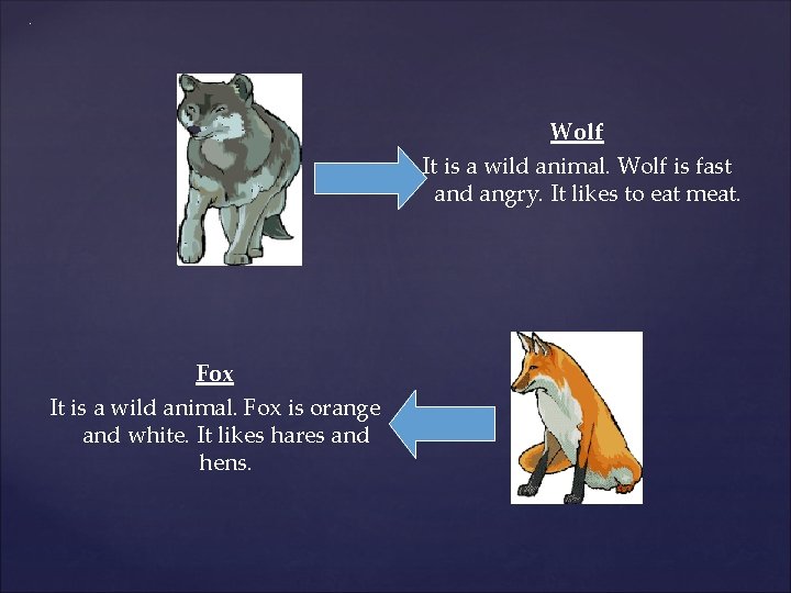 . Wolf It is a wild animal. Wolf is fast and angry. It likes
