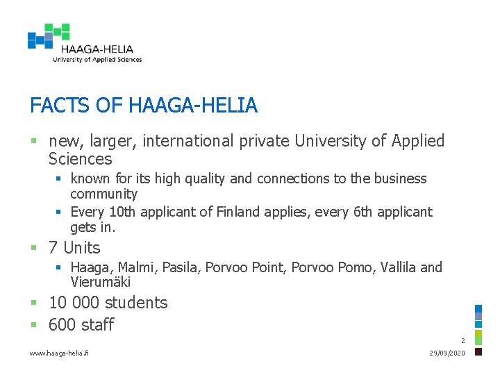 FACTS OF HAAGA-HELIA § new, larger, international private University of Applied Sciences § known