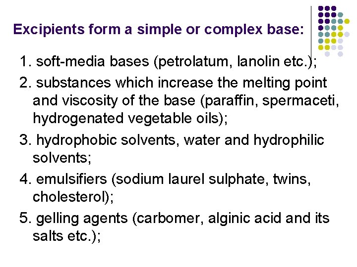 Excipients form a simple or complex base: 1. soft-media bases (petrolatum, lanolin etc. );