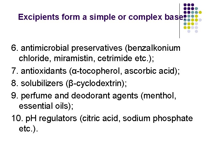 Excipients form a simple or complex base: 6. antimicrobial preservatives (benzalkonium chloride, miramistin, cetrimide