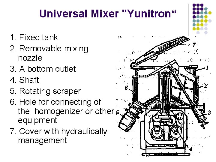 Universal Mixer "Yunitron“ 1. Fixed tank 2. Removable mixing nozzle 3. A bottom outlet