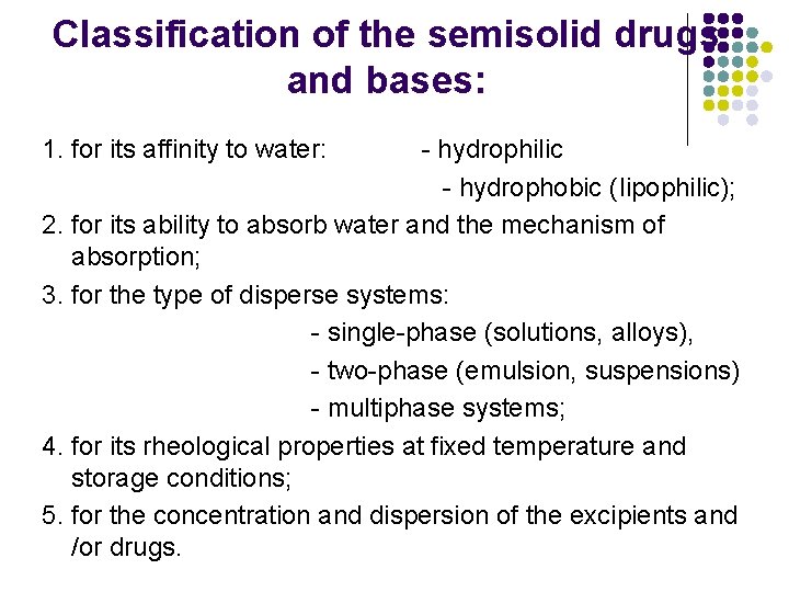 Classification of the semisolid drugs and bases: 1. for its affinity to water: -