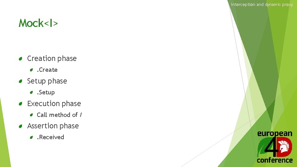 Interception and dynamic proxy Mock<I> Creation phase. Create Setup phase. Setup Execution phase Call