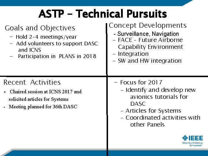 ASTP – Technical Pursuits Goals and Objectives - Hold 2 -4 meetings/year - Add