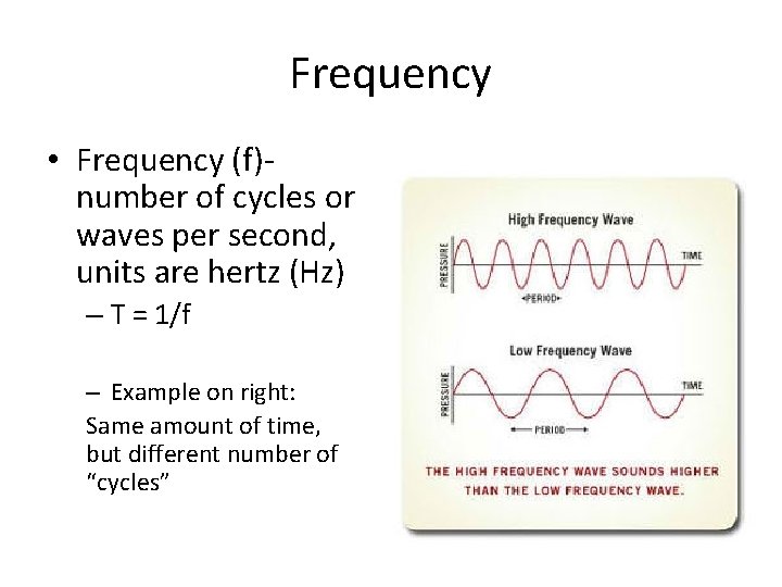 Frequency • Frequency (f)- number of cycles or waves per second, units are hertz