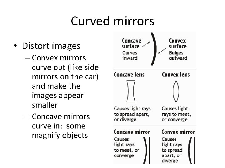 Curved mirrors • Distort images – Convex mirrors curve out (like side mirrors on