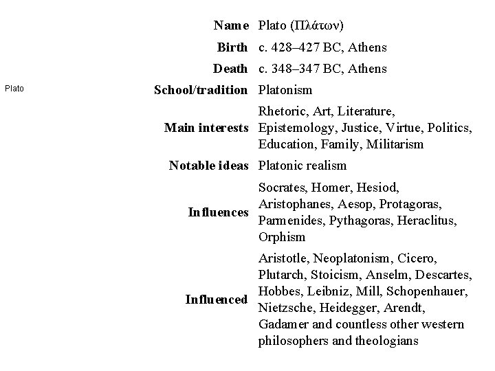 Name Plato (Πλάτων) Birth c. 428– 427 BC, Athens Death c. 348– 347 BC, Name Plato (Πλάτων) Birth c. 428– 427 BC, Athens Death c. 348– 347 BC,