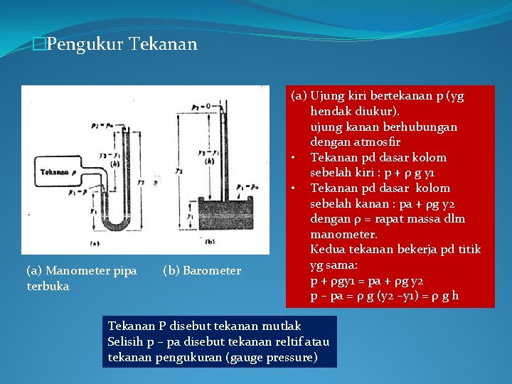 �Pengukur Tekanan (a) Manometer pipa terbuka (b) Barometer (a) Ujung kiri bertekanan p (yg