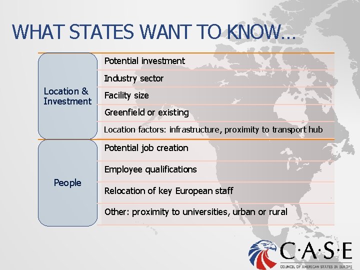 WHAT STATES WANT TO KNOW… Potential investment Industry sector Location & Investment Facility size