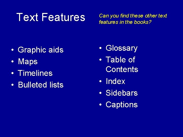  • • Text Features Can you find these other text features in the