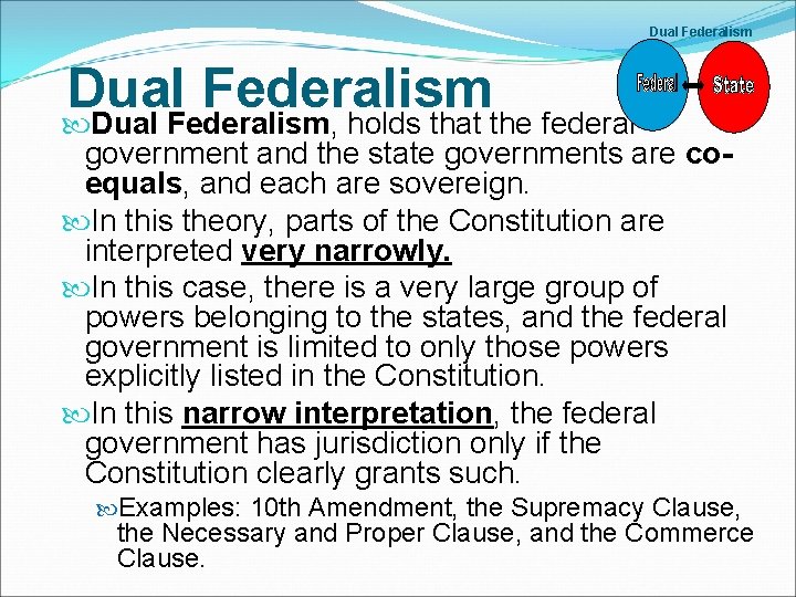 Dual Federalism, holds that the federal government and the state governments are coequals, and Dual Federalism, holds that the federal government and the state governments are coequals, and