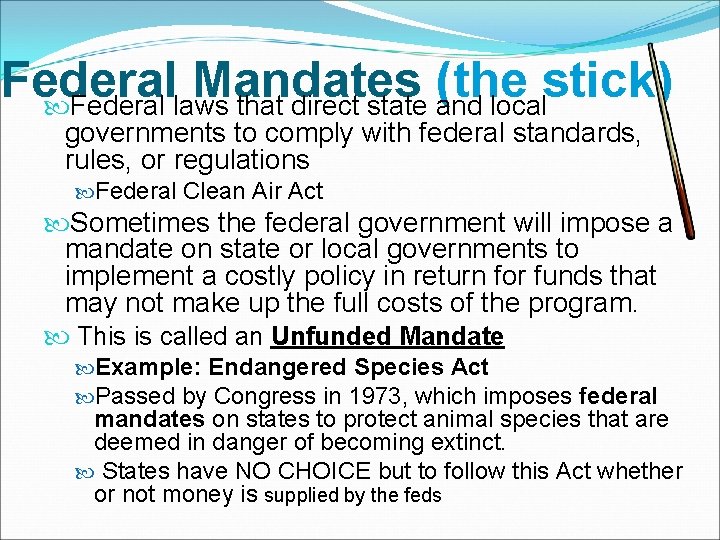Federal Mandates (the stick) Federal laws that direct state and local governments to comply Federal Mandates (the stick) Federal laws that direct state and local governments to comply