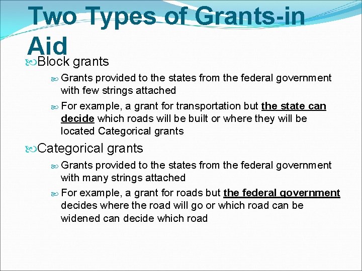 Two Types of Grants-in Aid Block grants Grants provided to the states from the Two Types of Grants-in Aid Block grants Grants provided to the states from the