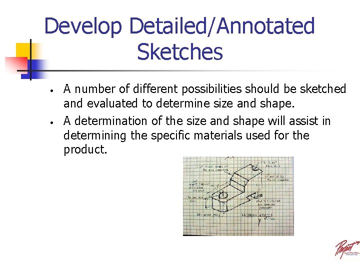 Develop Detailed/Annotated Sketches • • A number of different possibilities should be sketched and