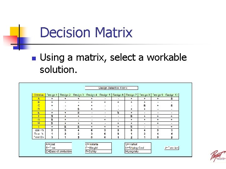 Decision Matrix n Using a matrix, select a workable solution. 