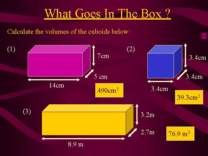 What Goes In The Box ? Calculate the volumes of the cuboids below: (1)