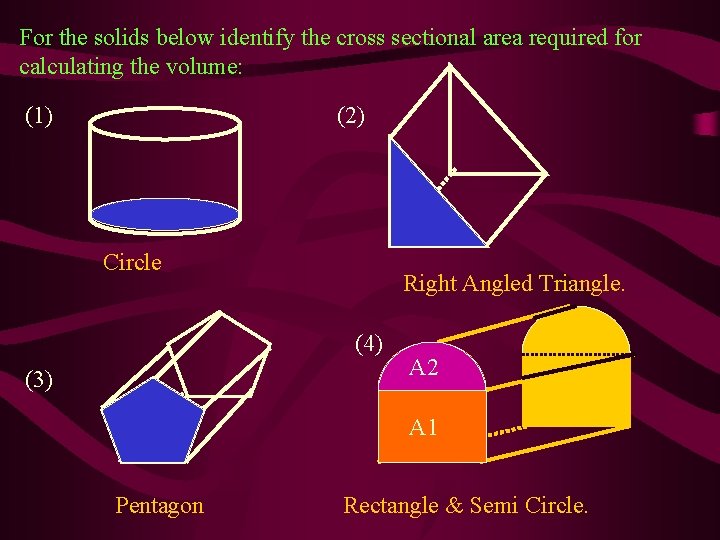 For the solids below identify the cross sectional area required for calculating the volume: