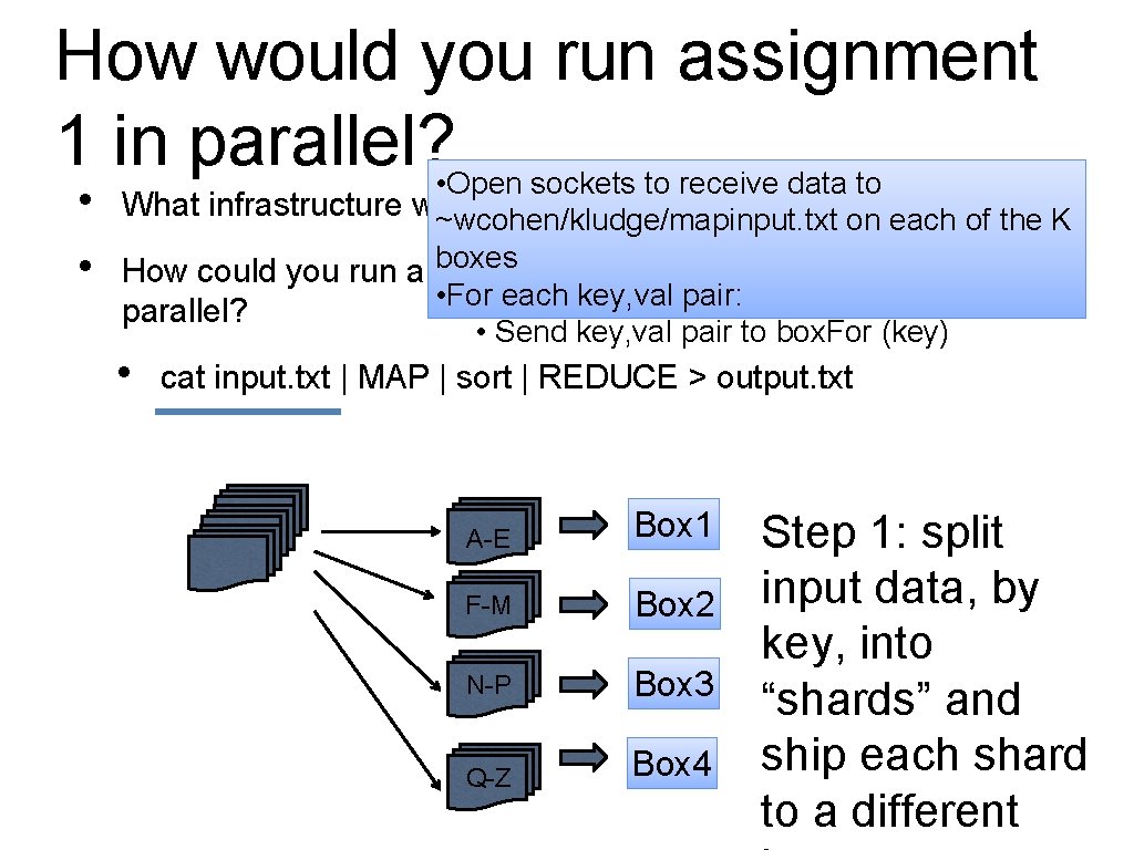 How would you run assignment 1 in parallel? • Open sockets to receive data