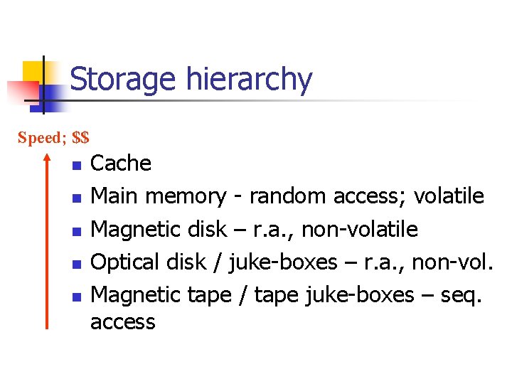 Storage hierarchy Speed; $$ n n n Cache Main memory - random access; volatile