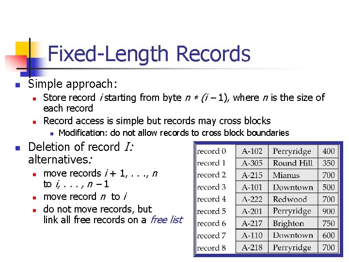 Fixed-Length Records n Simple approach: n n Store record i starting from byte n