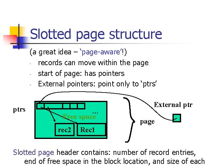 Slotted page structure (a great idea – ‘page-aware’!) - records can move within the