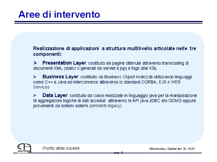 Aree di intervento Realizzazione di applicazioni a struttura multilivello articolate nelle tre componenti: Ø