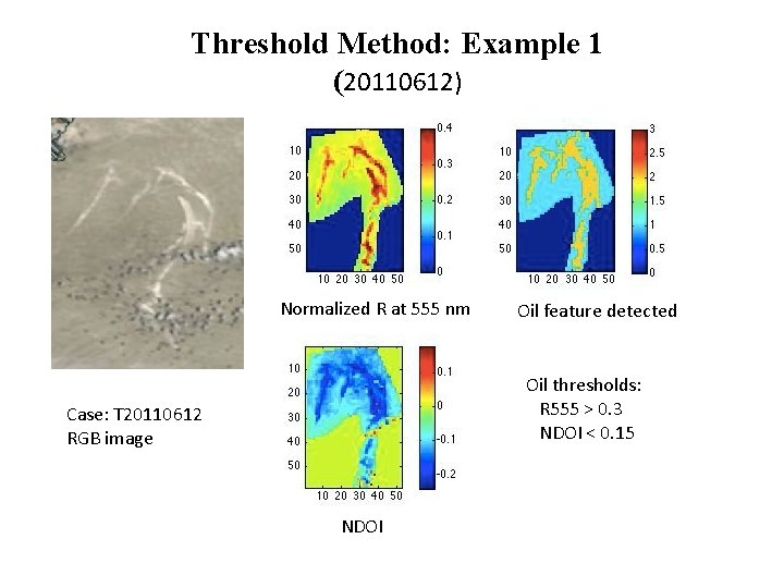 Threshold Method: Example 1 (20110612) Normalized R at 555 nm Oil feature detected Oil