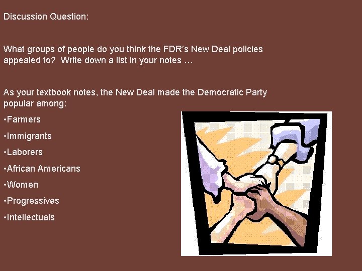 Discussion Question: What groups of people do you think the FDR’s New Deal policies